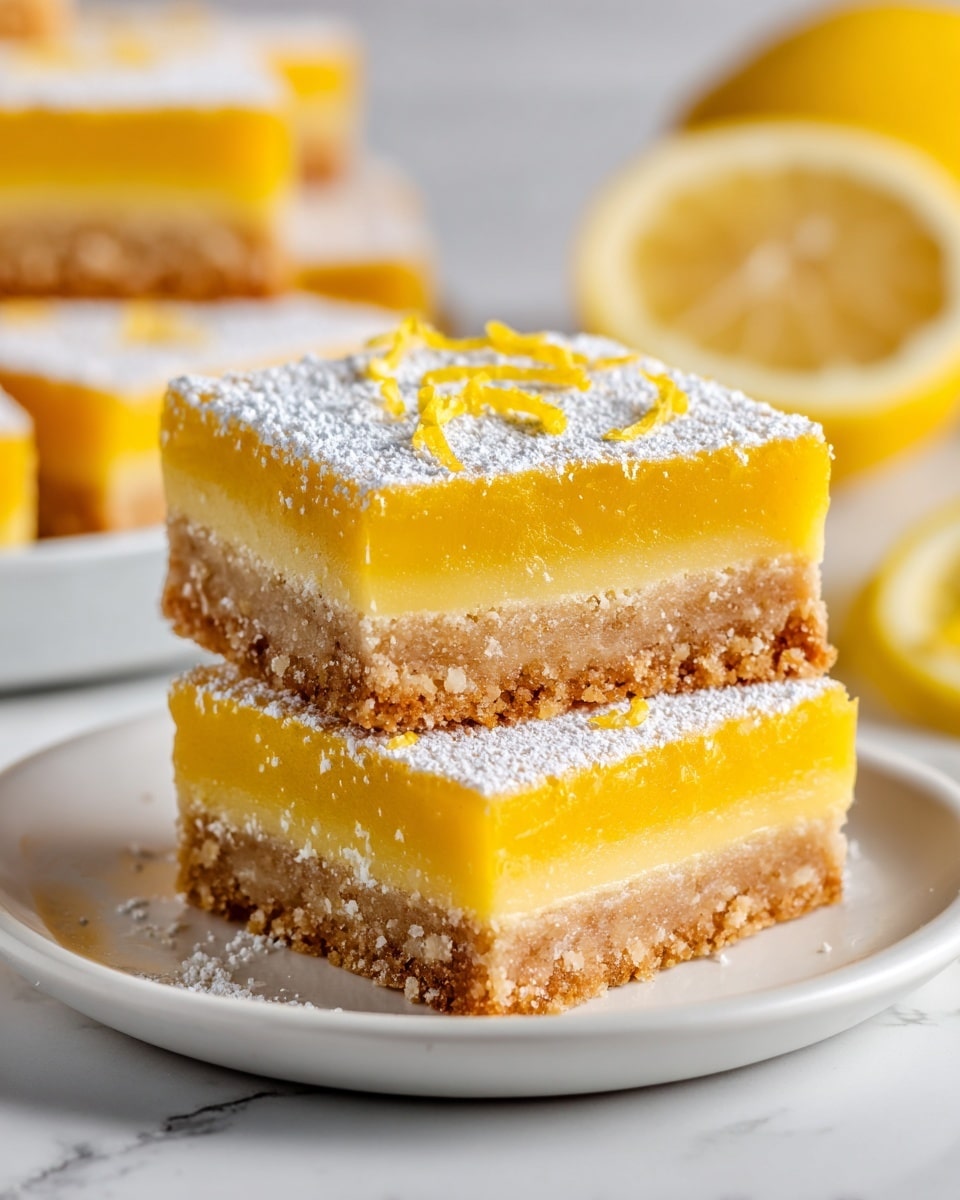 Two lemon bars stacked on top of each other sit on a round white plate with a white marbled texture beneath. Each bar has two layers: the bottom layer is a crumbly light tan crust with a rough texture, and the top layer is a smooth, bright yellow lemon filling. The top of the lemon layer is dusted with powdered sugar and small strips of lemon zest scattered on the surface. More lemon bars are slightly out of focus in the background, along with blurred yellow lemons. The soft lighting highlights the texture and fresh look of the lemon bars. photo taken with an iphone --ar 4:5 --v 7