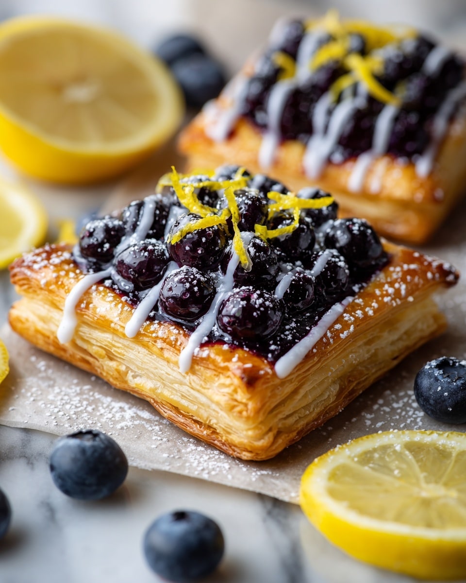The image shows a square blueberry tart with three layers. The base is golden puff pastry that is light and flaky with visible layers and a slightly raised border. On top of this, there is a layer of dark purple blueberry filling, crowded with plump, shiny whole blueberries. Thin white icing drizzle crosses over the blueberries, and thin strands of bright yellow lemon zest are sprinkled on top. The tart is placed on white parchment paper, with scattered fresh blueberries and thin lemon slices around it, all set on a white marbled surface. Photo taken with an iphone --ar 4:5 --v 7