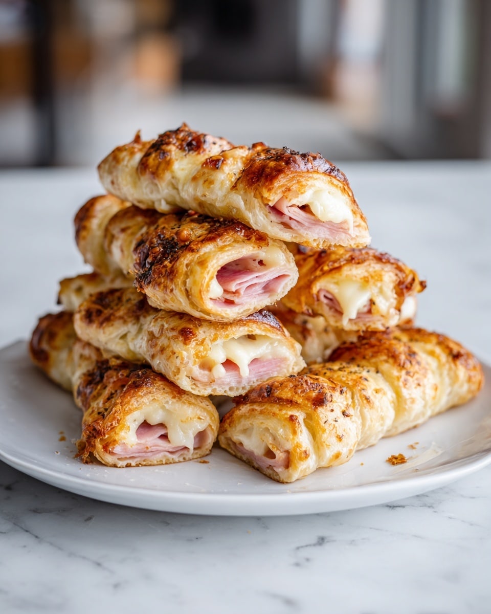 A white plate holds six golden brown ham and cheese sticks stacked in a small pile on a white marbled surface. Each stick has three visible layers: a crispy, shiny, and flaky outer crust with a warm golden color; inside, there are thin layers of light pink ham and gooey melted yellow cheese. The sticks show the cheese oozing slightly at the edges, and the ham layers are smooth and even, making the sticks look soft and savory. The background is blurred with soft warm tones, drawing focus to the sticks' texture and colors. photo taken with an iphone --ar 4:5 --v 7