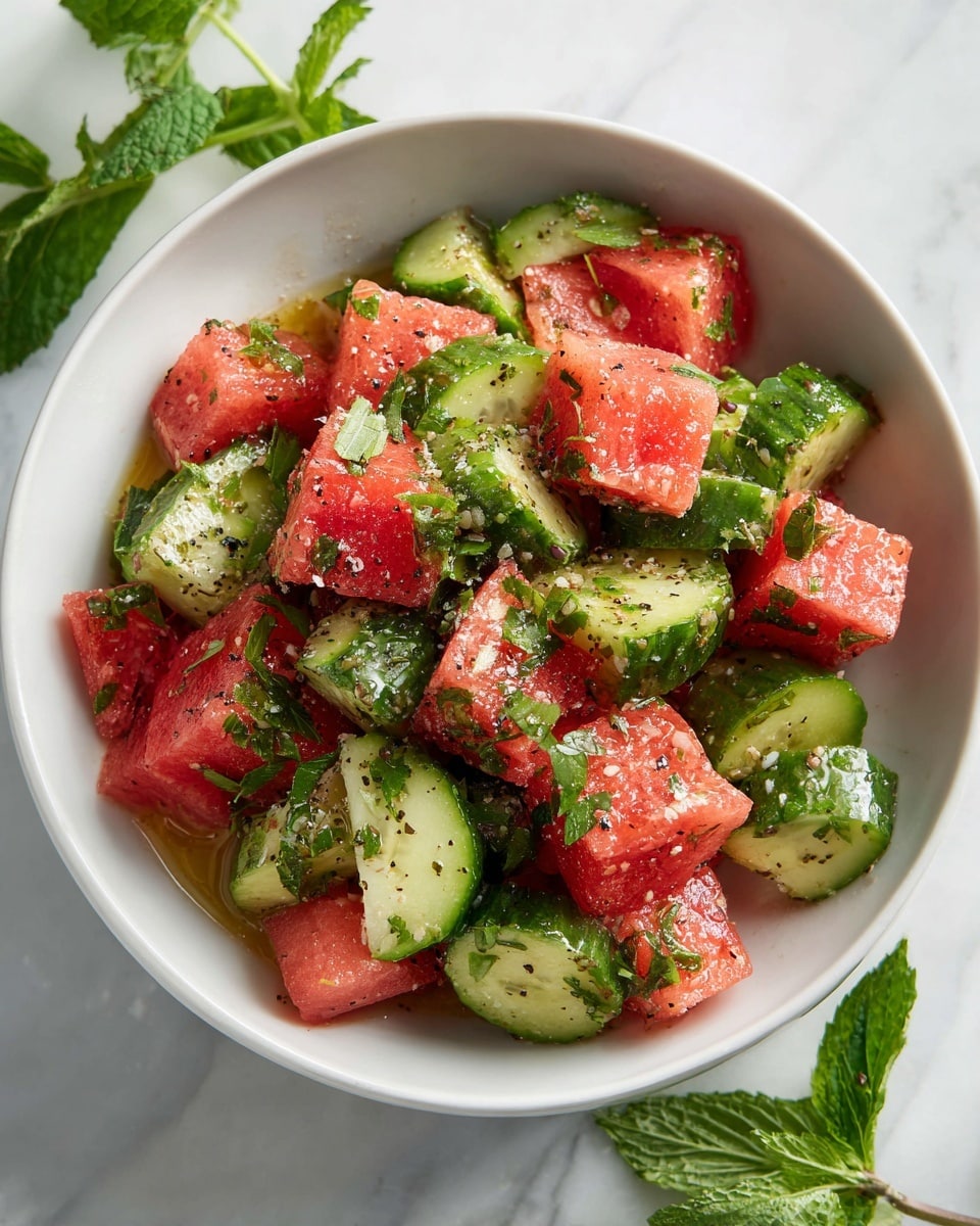 A white bowl filled with a fresh watermelon cucumber salad sits on a white marbled surface. The salad has two main layers: bright red, juicy watermelon cubes and vibrant green cucumber pieces, both cut into small bite-sized chunks. Scattered throughout the salad are small pieces of fresh green herbs that add texture and freshness. The salad looks moist with a shiny zesty dressing coating the watermelon and cucumber, making it look crisp and refreshing. Photo taken with an iphone --ar 4:5 --v 7