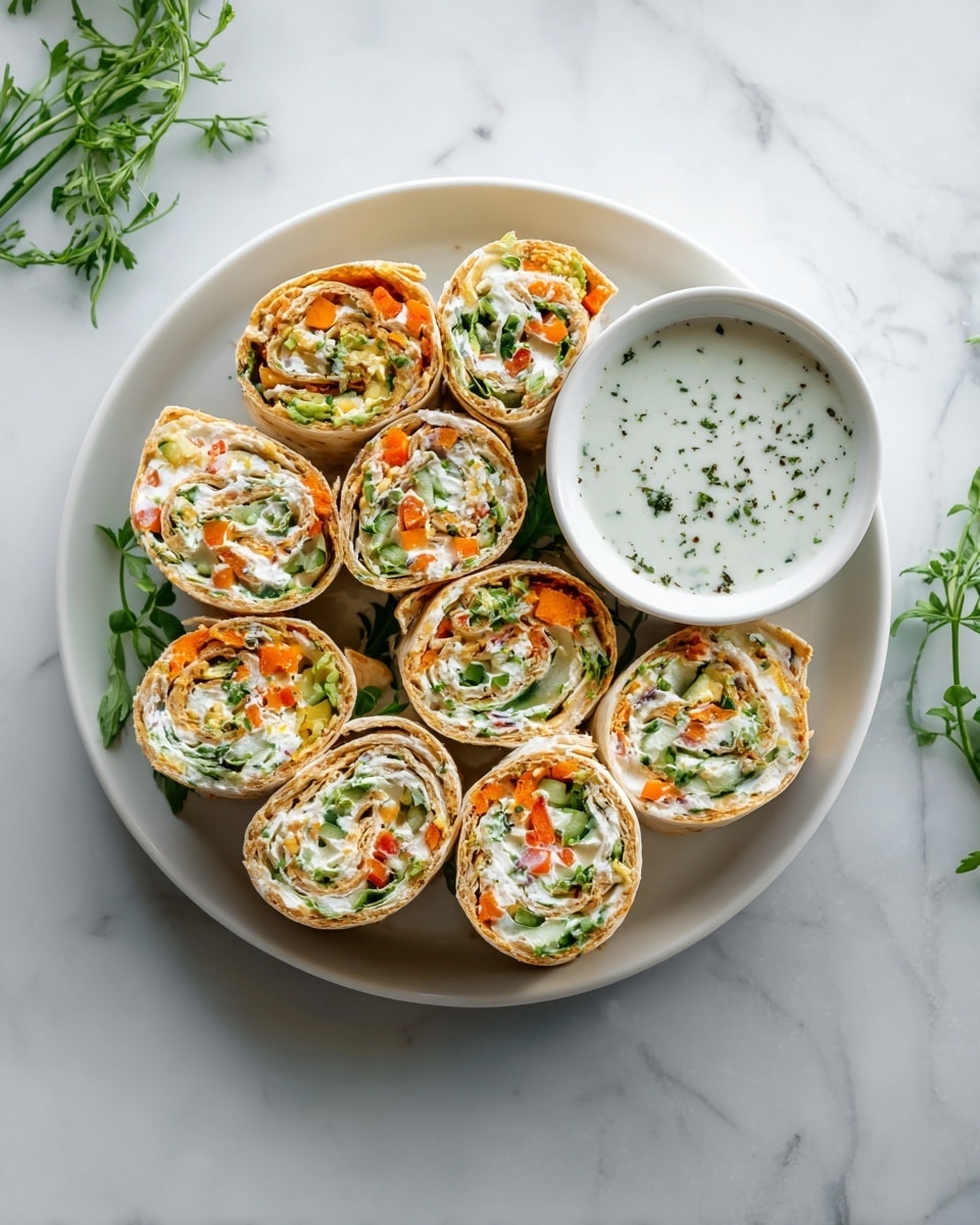A white plate holds nine tortilla roll ups arranged in a circle, each roll up has three clear layers: the outer light beige tortilla, a middle creamy white layer with visible green and orange vegetable pieces that look like chopped bell peppers and green herbs, and the vegetables create a colorful pattern inside each roll. The plate is placed on a white marbled surface with green leafy herbs scattered around. On the side of the plate, there is a small white bowl filled with a white creamy sauce speckled with green herbs. photo taken with an iphone --ar 4:5 --v 7