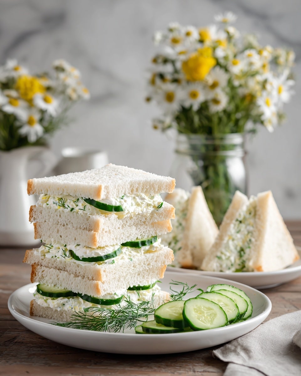 A white plate stacked with multiple classic cucumber sandwiches cut into small triangles, each sandwich having two soft, light yellowish slices of bread with a creamy white filling and thin, green cucumber slices with a slightly crunchy texture layered in between. In the foreground, a smaller white plate holds two cucumber sandwiches arranged side by side, and a third small white plate bears neatly sliced round cucumber pieces. Some sprigs of green dill decorate the wooden table, which is set against a white marbled textured background. Photo taken with an iphone --ar 4:5 --v 7