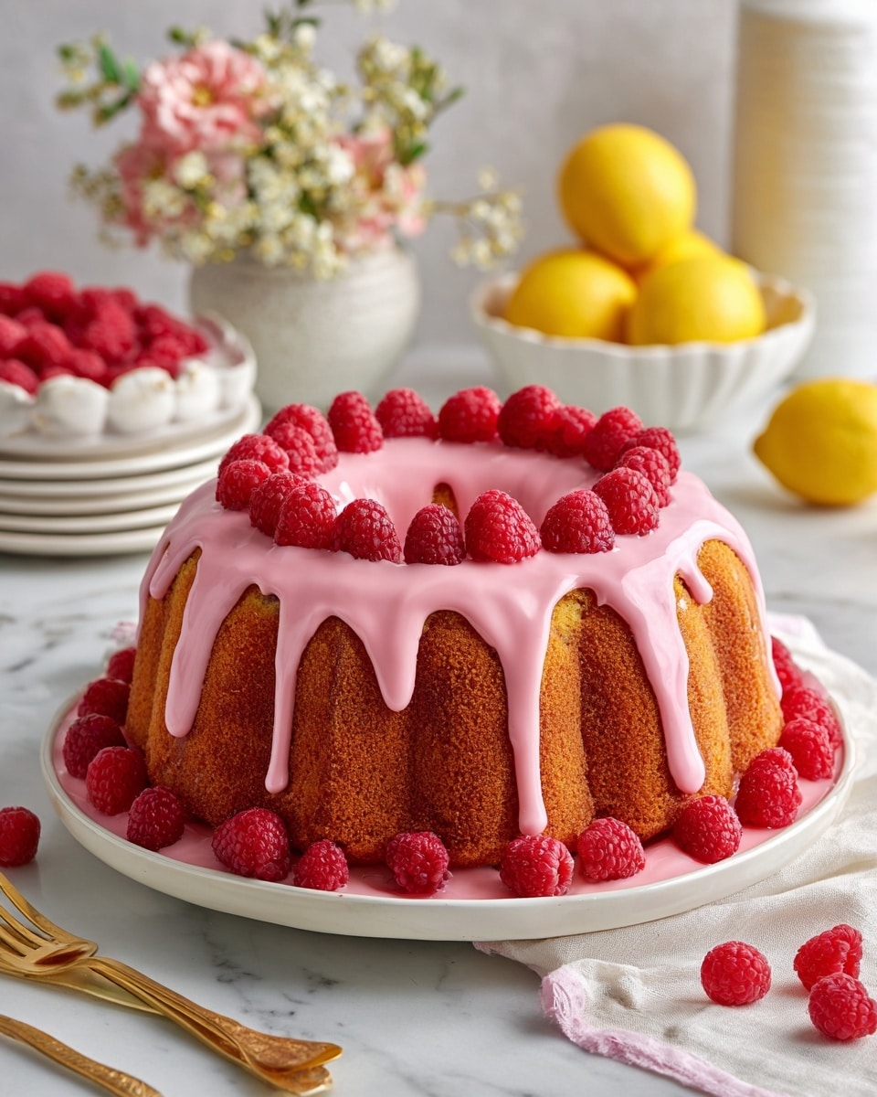 A bundt cake with one visible layer of golden brown texture sits on a white plate, covered with thick, glossy pink icing that drips down the sides in uneven streams. Around the base of the cake, fresh, bright red raspberries are placed evenly, adding a pop of color. The setup is on a white marbled texture surface, with a blurred background showing a white bowl filled with more raspberries, stacked white plates, two yellow lemons resting on white cloth, and a white container holding gold and silver cutlery. A small bouquet of delicate white and pink flowers is also visible in the background. Photo taken with an iphone --ar 4:5 --v 7