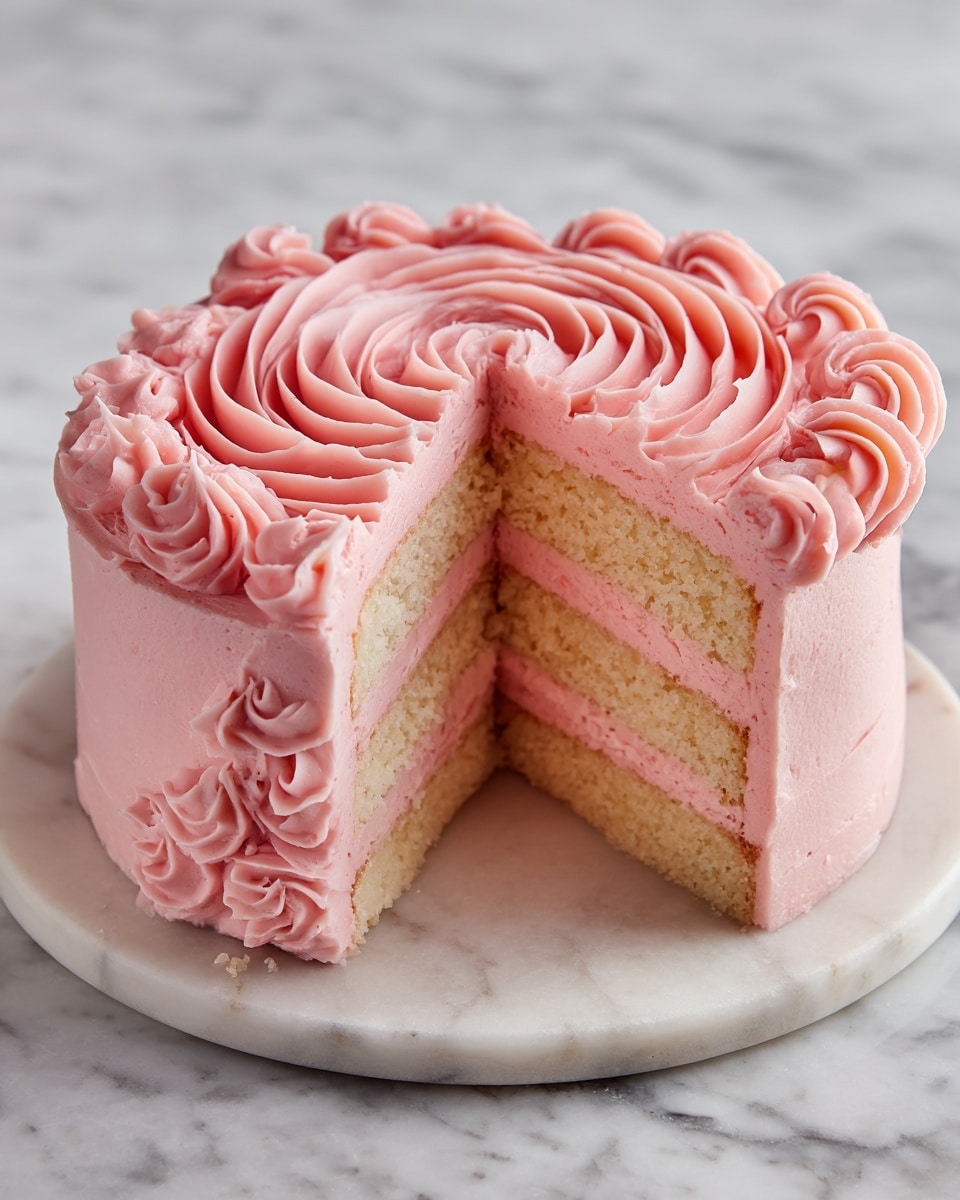 A round cake sits on a white marble board, covered in light pink frosting. The frosting is decorated with smooth, evenly spaced horizontal swirls wrapping all around the sides, giving the cake a textured, ribbon-like look. The top is covered with a large circular swirl pattern made from the same light pink frosting, creating a soft, flower-like design. The background features a white marbled surface that adds a clean, elegant touch. photo taken with an iphone --ar 4:5 --v 7