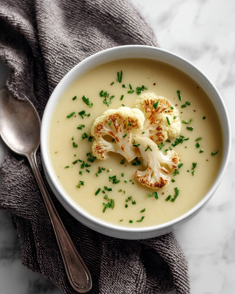 A white bowl filled with creamy soup that is light beige in color and smooth in texture. On top of the soup, there are a few pieces of roasted cauliflower which are light golden yellow with slightly browned edges. Fresh green chives are sprinkled over the cauliflower and soup, adding a touch of bright green color. The bowl sits on a soft brown cloth with a shiny silver spoon placed beside it on a white marbled surface. Photo taken with an iphone --ar 4:5 --v 7