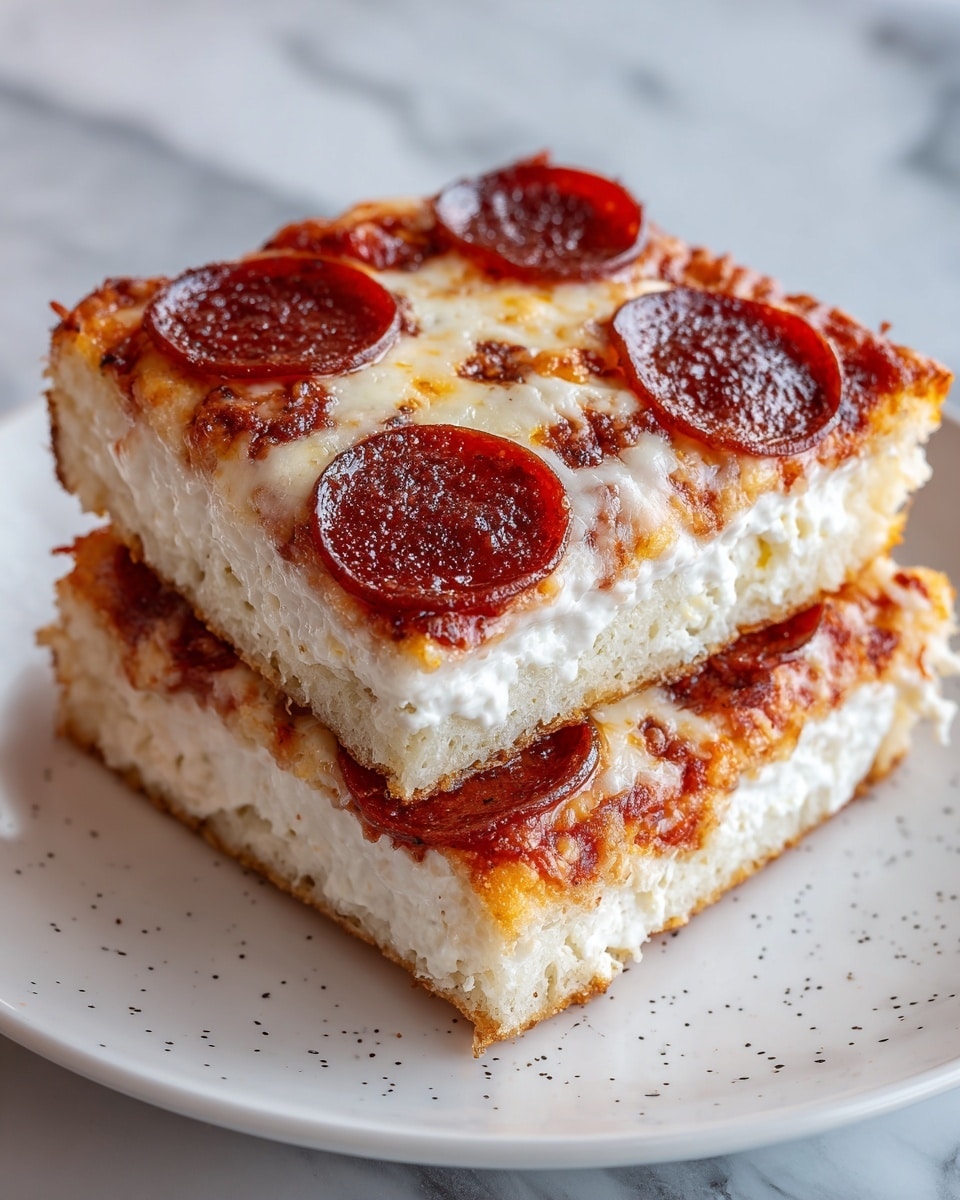 A close-up of two thick square slices of pepperoni pizza on a white plate with small brown specks, set on a white marbled texture. The pizza has three visible layers: a golden-brown crispy crust at the bottom, a thick white cheese layer in the middle, and a top layer covered with melted golden cheese and round, dark red pepperoni slices with slightly crispy edges. The surface of the cheese is bubbly and browned in places, with some green herbs sprinkled lightly on top. Photo taken with an iphone --ar 4:5 --v 7