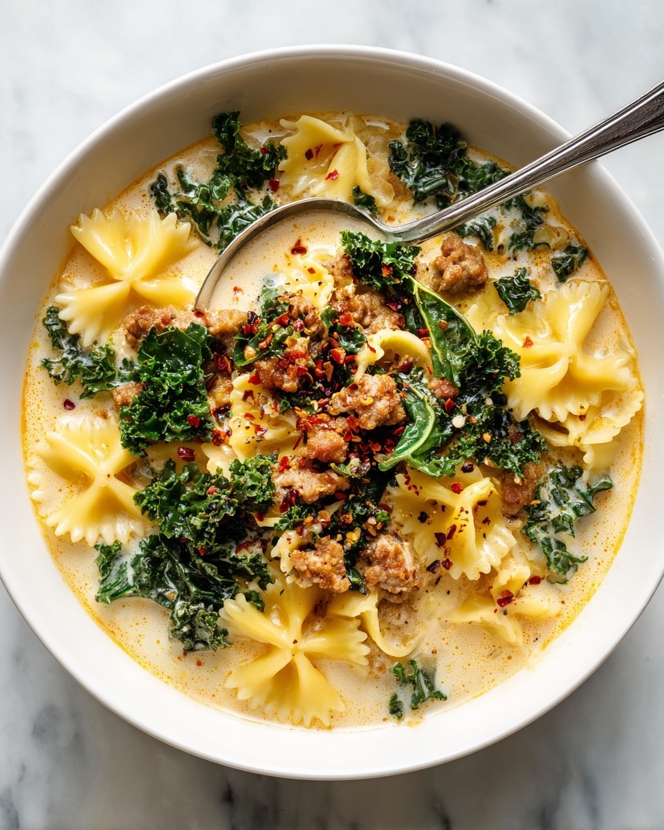 A white bowl filled with creamy soup with three main layers: the base is a light beige creamy broth; floating on top are dark green curly kale leaves adding a rough texture and brightness; scattered throughout are small brown sausage pieces and larger yellowish wavy-edged pasta pieces, some dusted with red chili flakes and tiny green herb leaves, garnished lightly with shavings of white cheese. The spoon is placed on the left side inside the bowl, and steam is rising from the soup, set on a white marbled surface with some leafy greens blurred in the background. Photo taken with an iphone --ar 4:5 --v 7