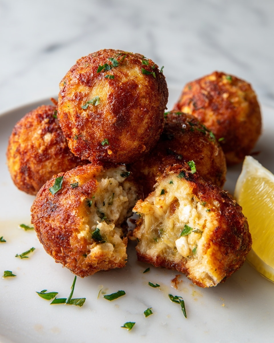 A white plate holds five golden brown fried meatballs, four whole and one cut open to show a moist inside mixed with green herbs. The meatballs look crispy on the outside with a rough texture, and small green parsley pieces are sprinkled on top and around them on the plate. A small wedge of lemon is placed at the back of the plate against a white marbled surface in the background. The photo was taken with an iphone --ar 4:5 --v 7
