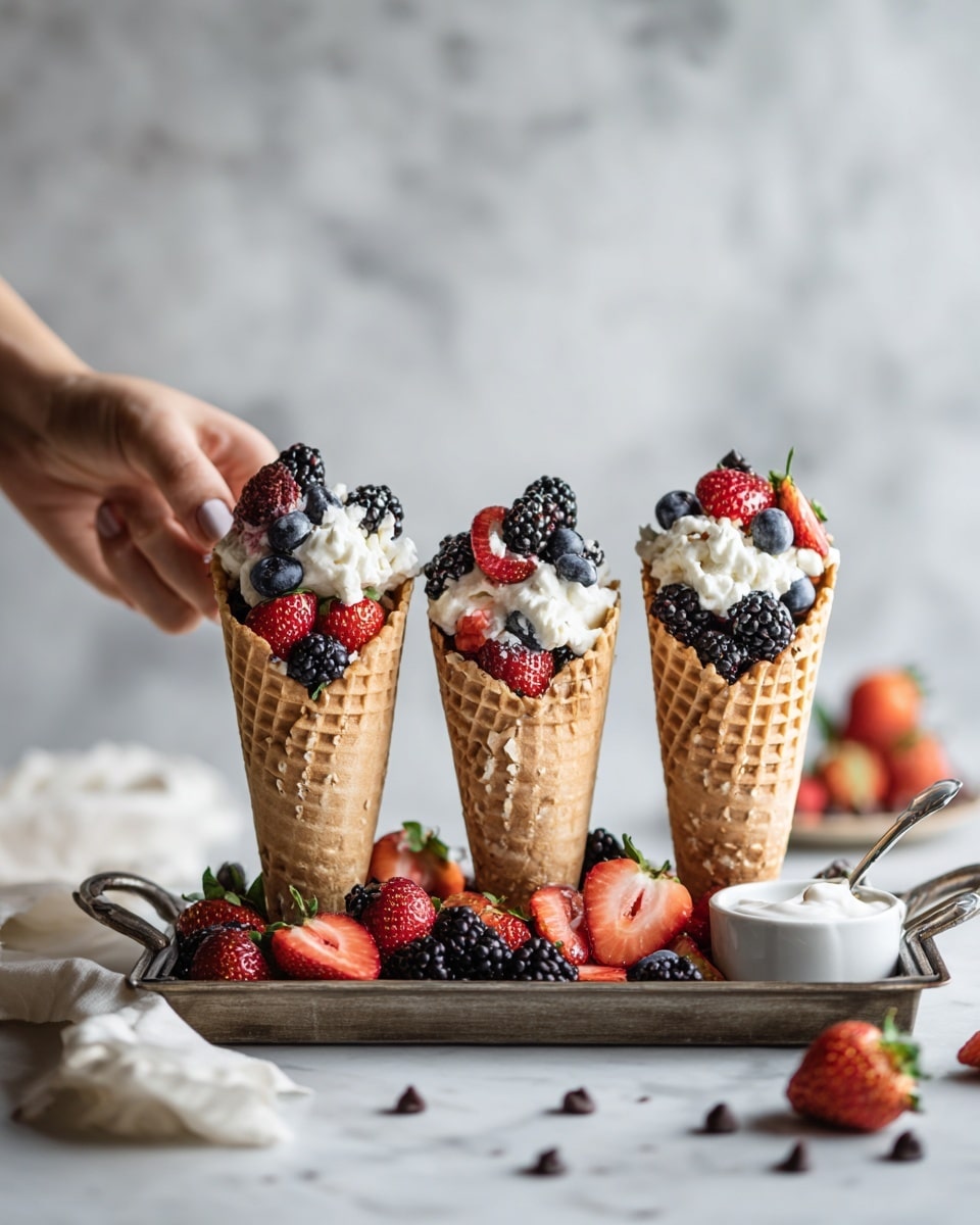 The image shows three waffle cones filled with fresh fruits including strawberries, blueberries, and blackberries, arranged on a white rectangular tray. Each cone is golden brown with a crisp waffle texture, standing upright and slightly tilted. Around the cones on the tray are scattered chocolate chips and more fresh strawberries and blackberries, adding dark brown and deep red colors. A small round white bowl of whipped cream sits among the fruits. A woman's hand is placing one waffle cone onto the tray, with the scene set on a white marbled surface. photo taken with an iphone --ar 4:5 --v 7