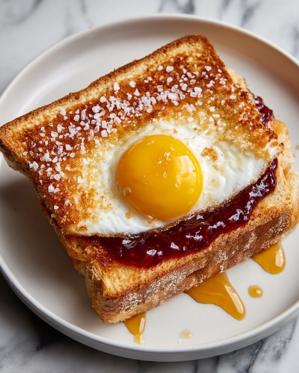 A dish showing two thick slices of toasted sourdough bread on a speckled white plate, one slice on the left tilted at an angle covered with coarse salt flakes and a golden brown, crispy texture, the other slice flat with a sunny-side-up egg in its center, the egg yolk shiny and bright yellow, surrounded by a layer of deep red, glossy berry jam with visible seeds. A drizzle of honey glistens over the jam and runs down the side, adding a sticky texture, all resting on a white marbled surface. photo taken with an iphone --ar 4:5 --v 7