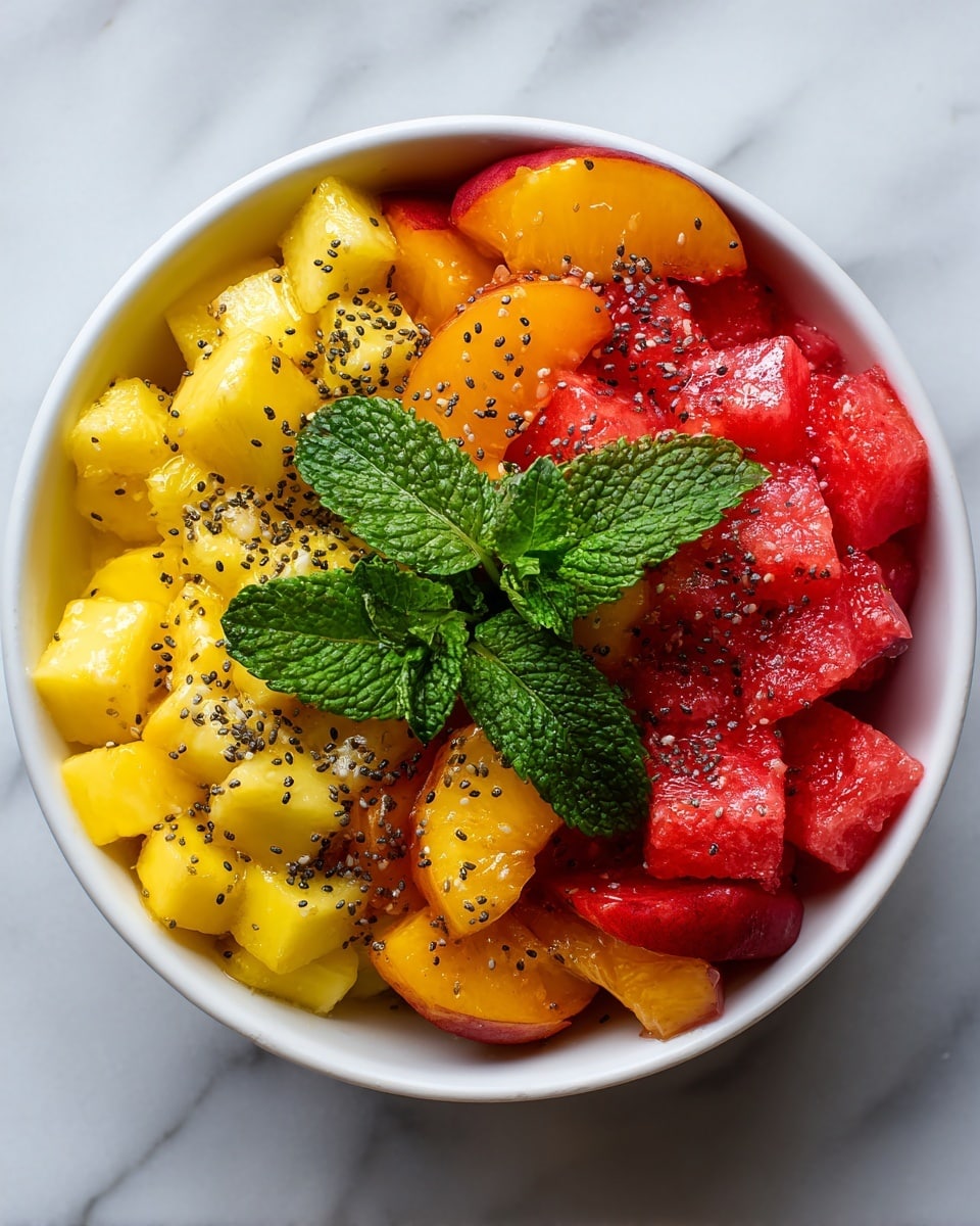 A white bowl filled with a colorful fruit salad consisting of three visible layers: large red watermelon chunks with a smooth, juicy texture on the top layer, bright yellow peach slices with a soft, slightly fuzzy texture spread evenly beneath the watermelon, and small green mint leaves scattered on top for a fresh look. Some black chia seeds are sprinkled over the fruit, adding contrast and texture. The bowl sits on a white marbled surface. Photo taken with an iphone --ar 4:5 --v 7