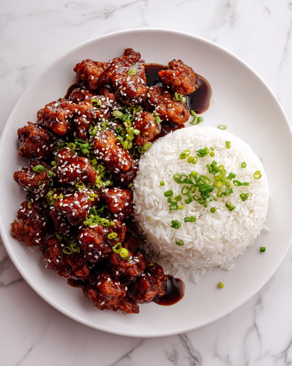 A white plate holds two main layers of food placed side by side, on the left is a pile of crispy fried chicken pieces coated in shiny dark brown sauce, sprinkled with white sesame seeds and topped with chopped green onions for color. On the right, a neat serving of white rice shows separate grains, garnished with small chopped green onions. The plate is set on a white marbled surface, giving a clean and bright background. photo taken with an iphone --ar 4:5 --v 7