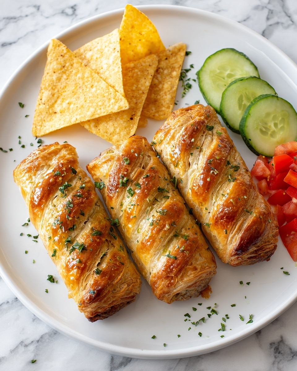 The image shows three plump hot dogs wrapped in golden brown puff pastry, each with a slightly shiny surface sprinkled with small green herb bits and coarse salt, laid side by side on a white plate. Above the hot dogs, there are a few large, triangular pale yellow tortilla chips with some green herb sprinkles. To the top right of the plate, slices of bright green cucumber and red bell pepper are neatly arranged, adding fresh color. The plate sits on a white marbled surface, with two small black bowls partially visible at the top corners, one filled with orange sauce and the other with a light yellow sauce. Photo taken with an iphone --ar 4:5 --v 7