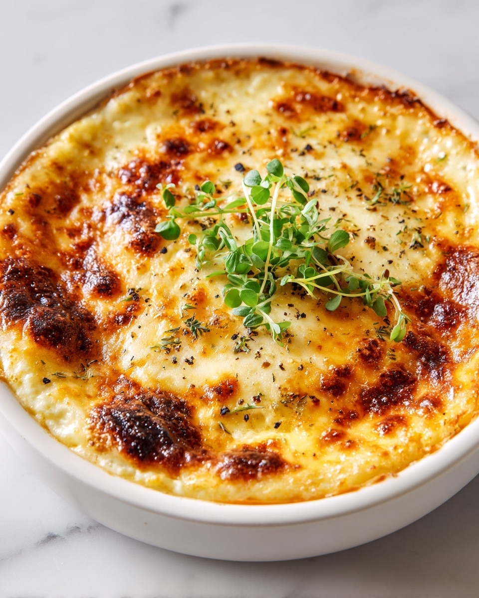 A single-layer potato gratin in a round white ceramic ramekin with a golden-brown melted cheese crust on top, showing a mix of light and darker brown crispy spots with some black pepper sprinkled and a small green herb sprig placed in the center. The edges have a slightly darker, bubbly texture, while beneath the crust, the creamy potato layer is visible through the sides of the ramekin. It sits on a white marbled surface. photo taken with an iphone --ar 4:5 --v 7