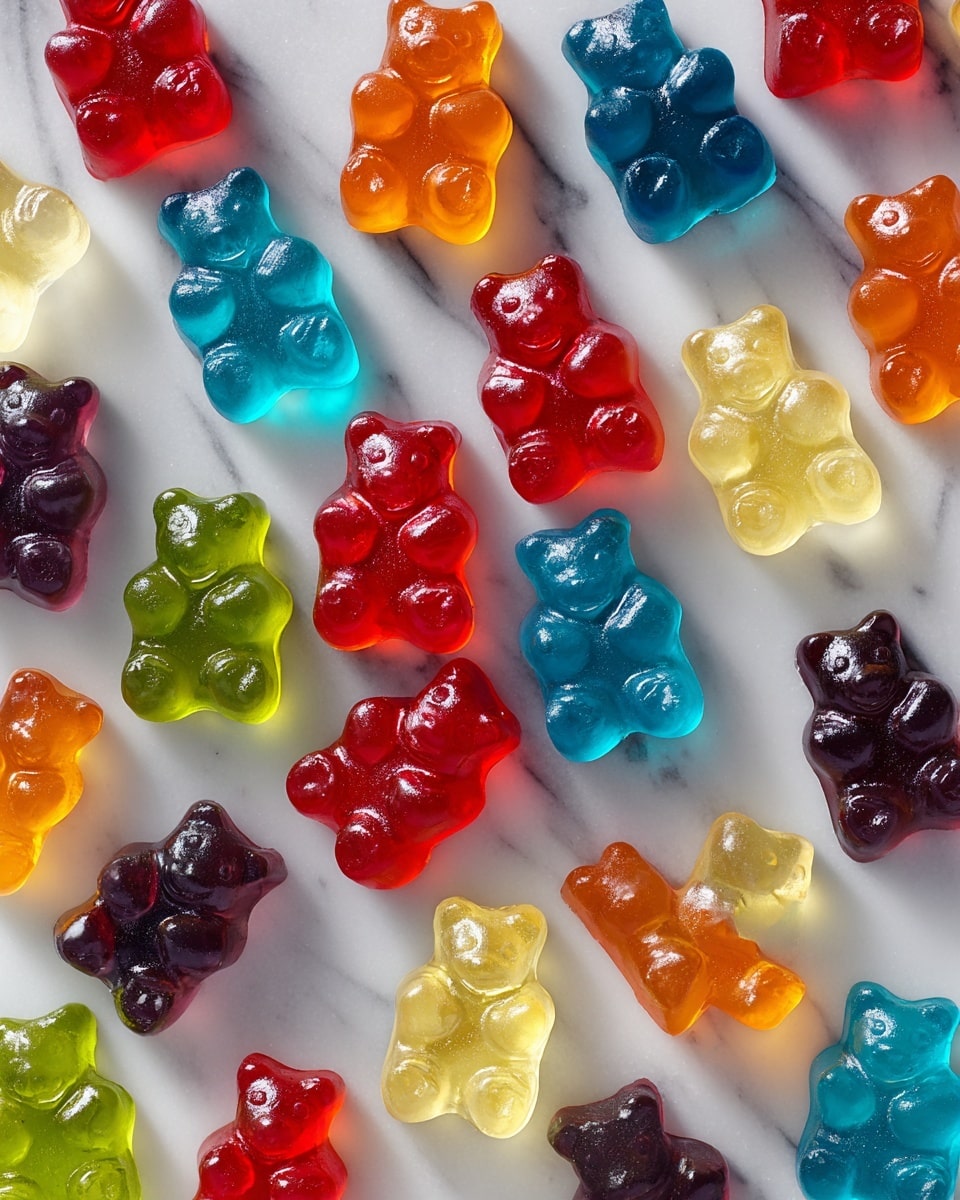 A close-up view of many small gummy bears scattered over a flat white marbled surface. Each gummy bear is translucent and glossy, showing vibrant colors of red, orange, yellow, green, blue, and dark purple, all with smooth and slightly shiny textures. The gummy bears are layered randomly, some overlapping others, and light shines through them, highlighting their jelly-like texture and rounded shapes with clear bear faces and small limbs. The image captures the playful and colorful look of the gummy bears in fine detail. photo taken with an iphone --ar 4:5 --v 7