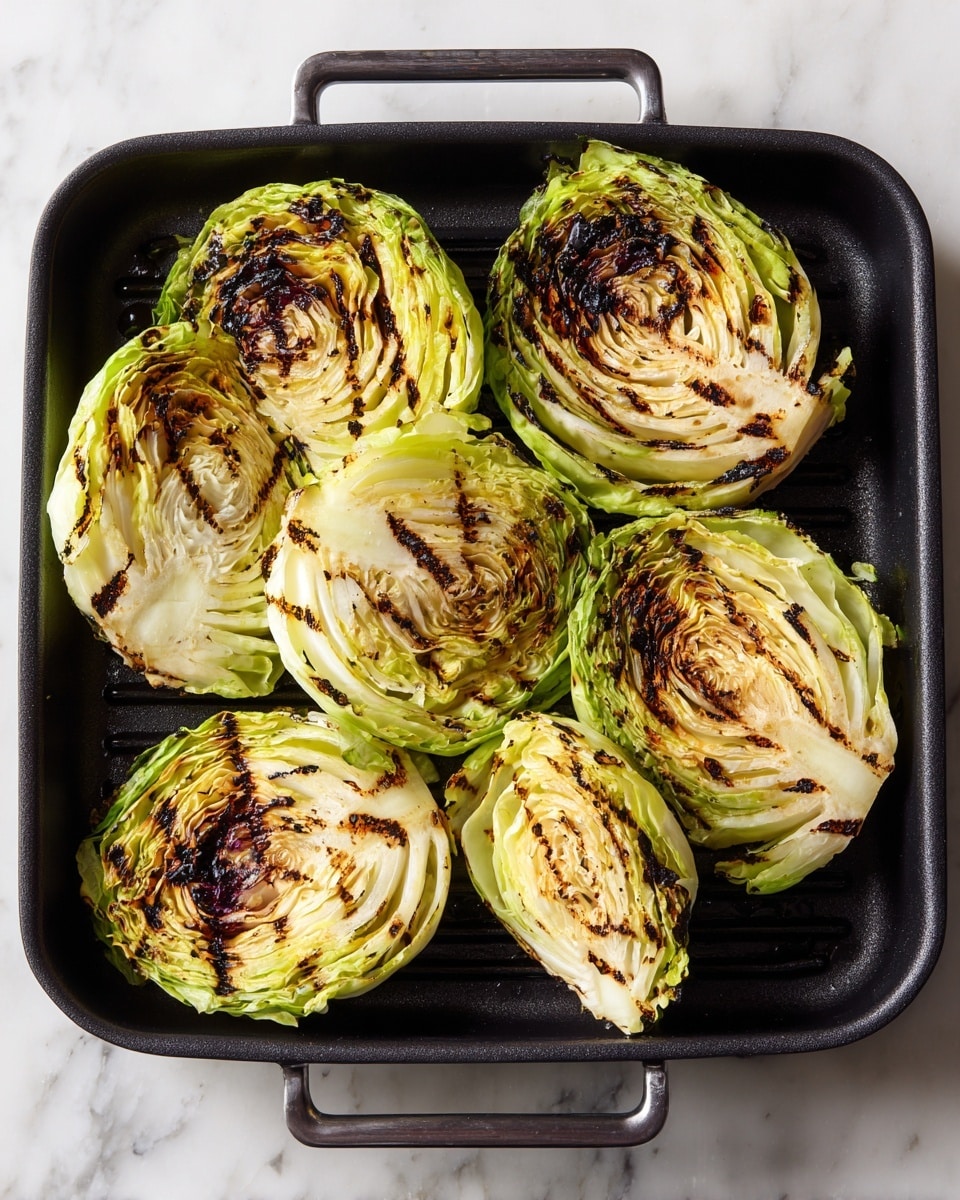 The image shows six round slices of cabbage with several layers, arranged neatly inside a black grill pan. Each slice displays a mix of colors: the outer green leafy edges transitioning to pale yellow inner layers, with dark brown grill marks and some charred spots on the tops, highlighting the cooking process. The grilled cabbage pieces sit closely together, filling the pan and showing the slightly crisp and caramelized textures on the surface of each slice. The pan rests on a white marbled surface. Photo taken with an iphone --ar 4:5 --v 7