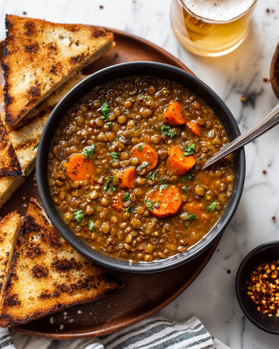 A black bowl filled with thick, brown lentil soup containing visible slices of bright orange carrots and small green herbs scattered on top. The soup has a rich, slightly glossy texture with small lentils densely packed. A silver spoon is placed inside the bowl on the right side. The bowl sits on a wooden board, which rests on a white marbled surface. In the background, there are toasted pieces of bread stacked and a small black bowl with seeds or spices, all set against the white marbled texture. photo taken with an iphone --ar 4:5 --v 7