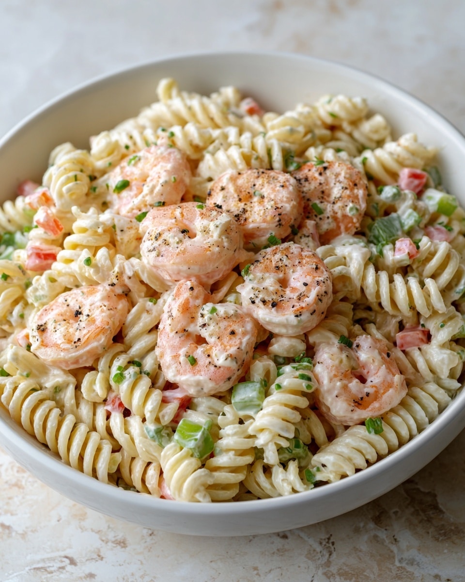 A white bowl filled with creamy rotini pasta, mixed with pieces of red bell pepper and small green herb bits scattered throughout. On top, there are several pink cooked shrimp with light orange accents, sprinkled with cracked black pepper and fresh green herbs for garnish. The shrimp sit evenly over the pasta, which is coated in a smooth white sauce. The bowl is placed on a white marbled surface. photo taken with an iphone --ar 4:5 --v 7