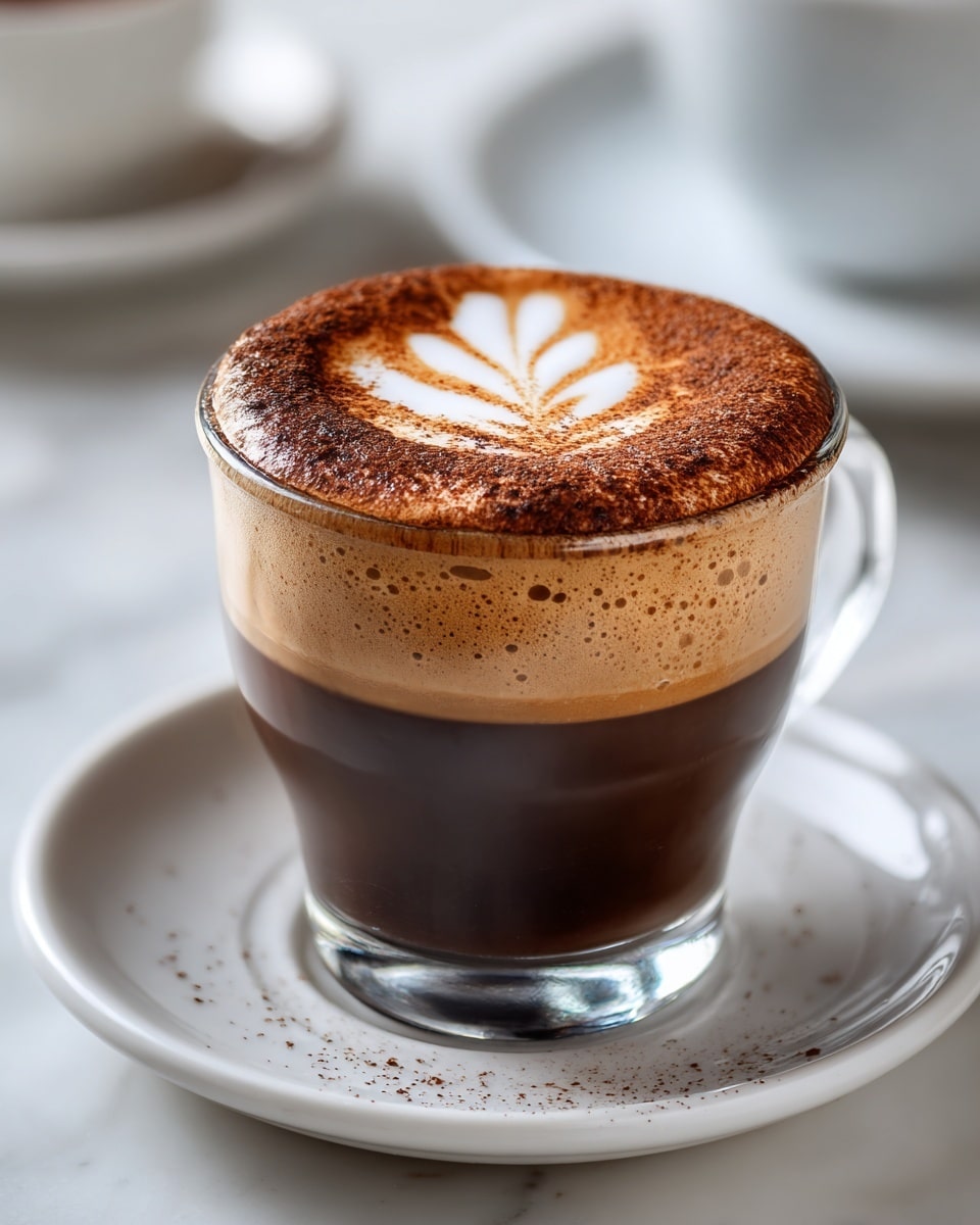 A glass cup filled with three visible layers: a dark brown coffee layer at the bottom, topped by a light brown frothy coffee crema layer, and a white foam layer on top shaped like a leaf with some brown cocoa powder sprinkled over it. The cup has a clear handle and sits on a white plate, all placed on a white marbled textured surface. In the background, there are blurred parts of another glass cup and a white plate with a spoon. Photo taken with an iphone --ar 4:5 --v 7