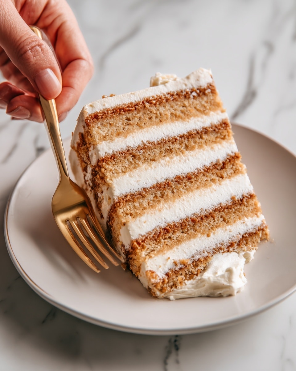 A white plate holds three slices of layered cake with a light brown crumb mixed with darker pieces, each slice showing three thick layers separated by smooth white cream. The cake looks soft and moist, and there is extra cream spread on the side of the plate. A shiny golden fork rests on the plate, with a woman's hand gently holding the fork. The background is a white marbled surface. photo taken with an iphone --ar 4:5 --v 7