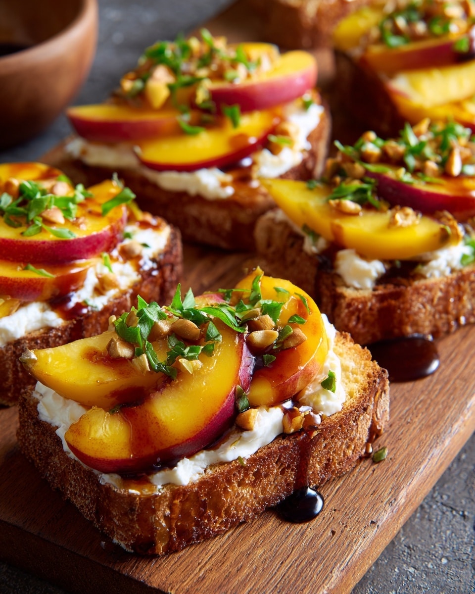 The image shows toasted bread squares topped with a thick layer of white creamy cheese, fresh peach slices with red and orange tones, and crushed green pistachios sprinkled on top. A dark brown syrup is drizzled over the appetizer, dripping down the sides. The toasted bread has a golden-brown crunchy texture, and the ingredients create a colorful contrast with the white cheese. The dish is presented on a wooden board with a white marbled surface in the background. Photo taken with an iphone --ar 4:5 --v 7