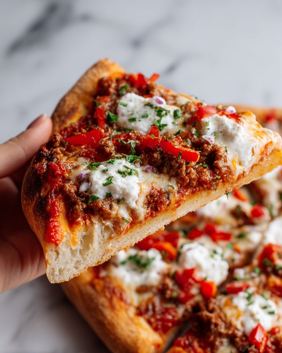 A close-up image of a thick pizza slice being held by a woman's hand, showing three layers: a golden brown crust at the bottom, a thick layer of red tomato sauce with ground meat and small diced red peppers in the middle, and dollops of white creamy cheese topped with finely chopped green herbs scattered on top. The background features a white marbled texture, adding contrast to the rich colors of the pizza. Photo taken with an iphone --ar 4:5 --v 7