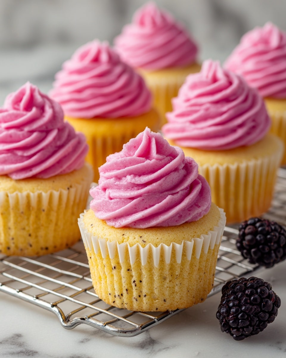A group of cupcakes sits on a metal cooling rack over a white marbled surface, each cupcake with a pale yellow base speckled with small black seeds, and topped with a thick swirl of bright pink frosting that appears creamy and smooth. There are five cupcakes in view, arranged with one closest to the camera and others blurred in the background, giving depth. To the side, two blackberries lie on the marble surface adding a fresh, natural touch to the scene. Photo taken with an iphone --ar 4:5 --v 7