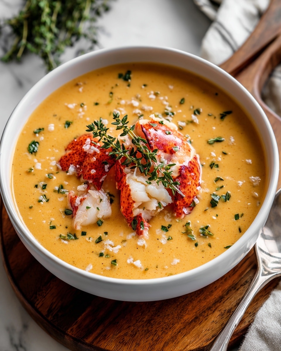 A white bowl filled with smooth, thick orange lobster bisque soup sits on a wooden board over a white marbled surface. The soup has chunks of pinkish-white lobster meat scattered on top, along with small dark green thyme leaves and sprigs, adding texture and color contrast. The soup surface is glossy and creamy, with tiny bubbles around the edges. Photo taken with an iphone --ar 4:5 --v 7