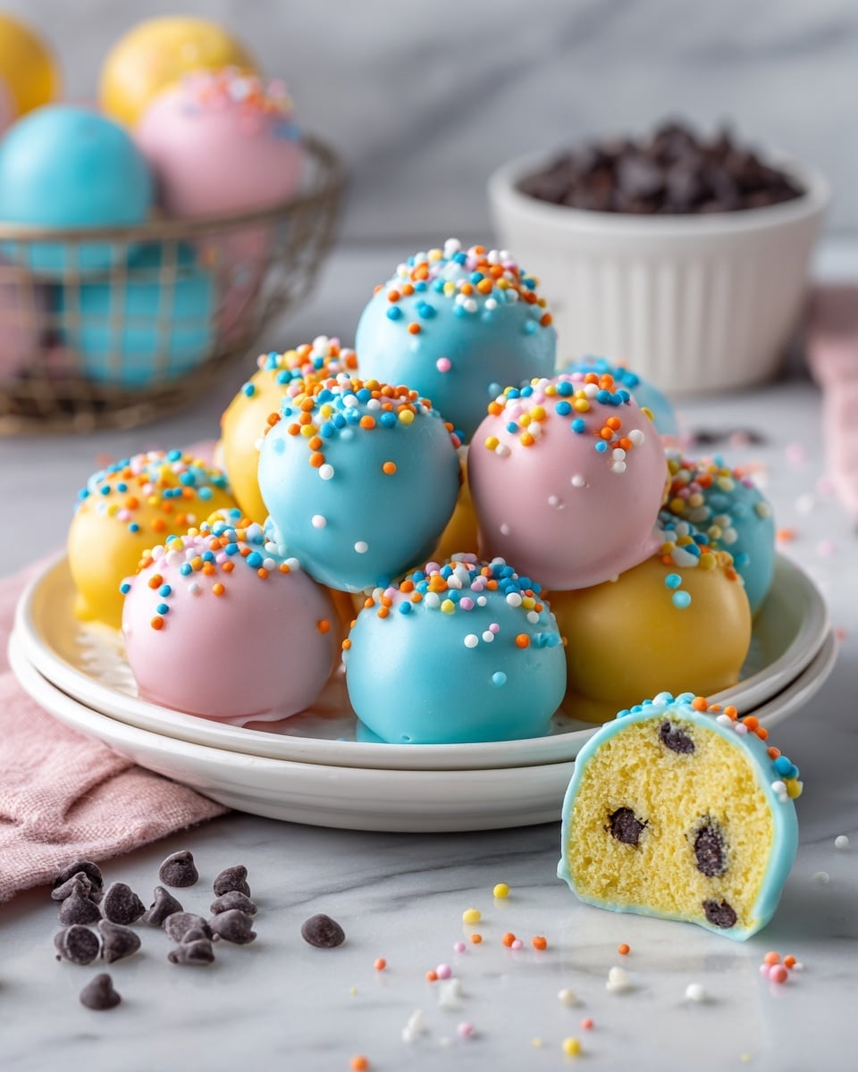 The image shows a round white plate filled with colorful, dome-shaped dessert balls, each covered in smooth pastel blue, pink, or yellow coating with sprinkles on top. The dessert balls have a soft, crumbly texture inside dotted with visible chocolate chips in their creamy yellow cake center. Two cut halves of a blue-coated ball sit in front, exposing the inside. The plate sits on a white marbled surface, with scattered multicolored sprinkles around the base of the balls. In the background, a basket with stripes pastel eggs and a small white bowl with chocolate chips are softly blurred. Photo taken with an iphone --ar 4:5 --v 7