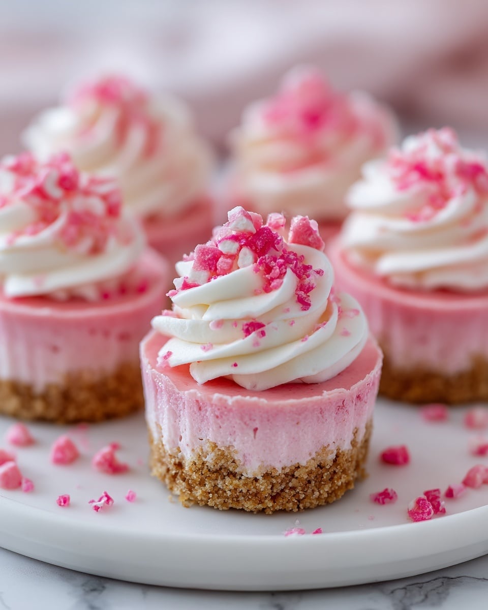 The image shows small round desserts with three clear layers on a white plate, set on a white marbled surface. The bottom layer is crumbly and golden brown, like a biscuit crust. The middle layer is smooth and light pink, much thicker than the crust. On top is a swirl of white whipped cream, with bright pink crushed candy pieces sprinkled generously over it and around the plate. Five desserts are visible, with one in the front in clear focus and others softly blurred behind. Photo taken with an iphone --ar 4:5 --v 7