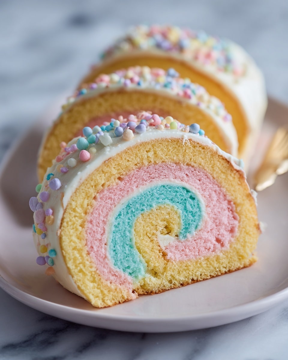 The image shows a colorful rolled cake with three visible layers, each rolled smoothly in a spiral. The outer layer is light yellow with a soft sponge texture, followed by a pink layer in the middle, and a light blue inner layer. The cake is covered with a thick white cream frosting on the outside, topped with small, round, colorful sprinkles scattered on the top and around the cake. The cake rests on a white plate on a white marbled surface, and a woman's hand is gently holding the cake from the side. Photo taken with an iphone --ar 4:5 --v 7