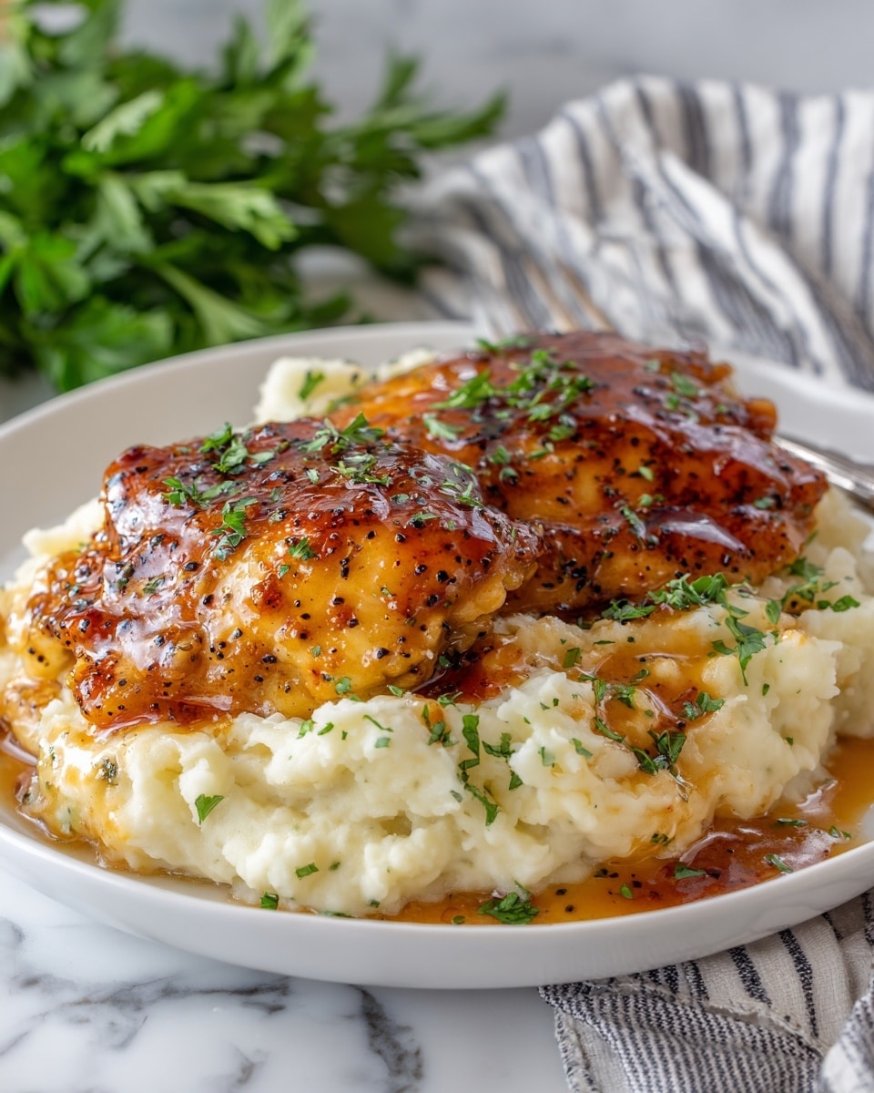 A close-up view of a dish with two main layers served in a white bowl. The bottom layer is creamy mashed potatoes with a slightly chunky texture, showing bits of green herbs mixed in. On top, there is a thick piece of grilled chicken thigh with a glossy, dark brown sauce glaze, speckled with black pepper and garnished with scattered fresh flat-leaf parsley leaves. The sauce has a shiny, sticky look that covers most of the chicken. The bowl is placed on a white marbled surface with a grey striped cloth nearby, adding a cozy and rustic feel to the scene. photo taken with an iphone --ar 4:5 --v 7