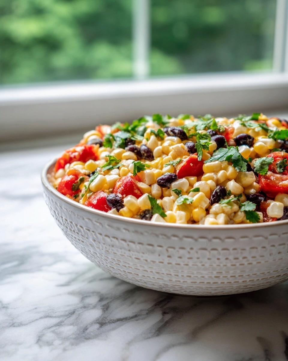 A white bowl filled with a colorful mix of yellow corn kernels, black beans, small red tomato pieces, and fresh green cilantro leaves evenly spread through the salad. The textures show smooth corn, soft beans, and juicy tomato chunks with scattered black pepper specks on top. The bowl is set on a white marbled surface with a soft and bright background. photo taken with an iphone --ar 4:5 --v 7