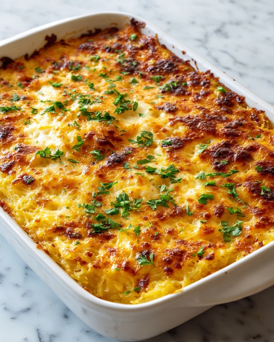 A white baking dish filled with two layers of bright yellow spaghetti squash strands, topped by a golden-brown melted cheese layer with crispy edges. Small green parsley leaves are scattered over the browned cheese, adding bursts of color. The squash strands beneath the cheese look soft and slightly textured. The dish sits on a white marbled surface, creating a clean and fresh presentation. photo taken with an iphone --ar 4:5 --v 7