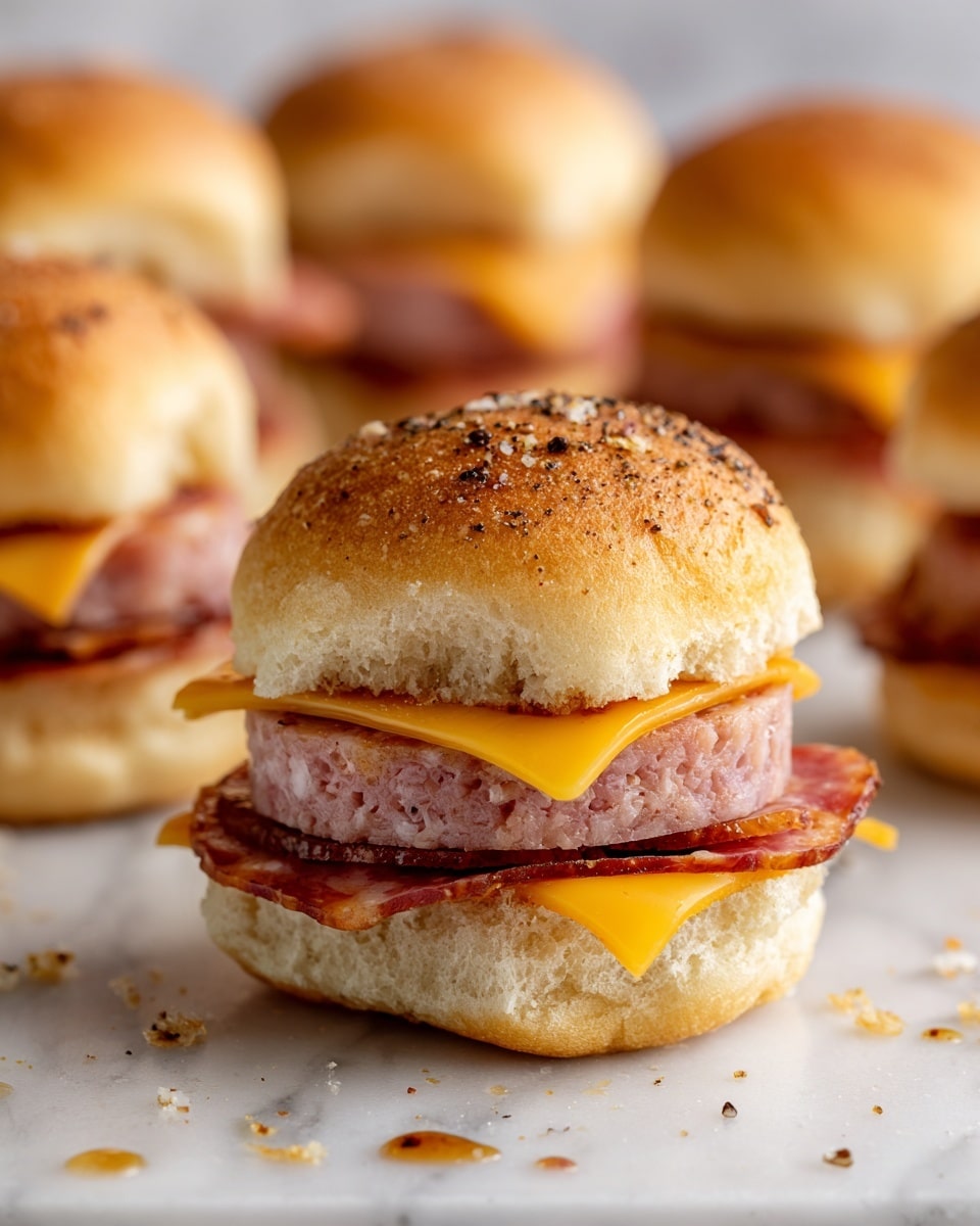 A close-up of a sandwich with three visible layers: the top layer is a light golden brown toasted bun with some black pepper seasoning, the middle layer features thin light pink ham and a small slice of yellow pickle, and the bottom layer has thin slices of reddish salami with white fat bits alongside melted pale yellow cheese, all stacked on a soft white sandwich bun base placed on a white marbled surface with some bread crumbs and oil drops scattered around. Photo taken with an iphone --ar 4:5 --v 7