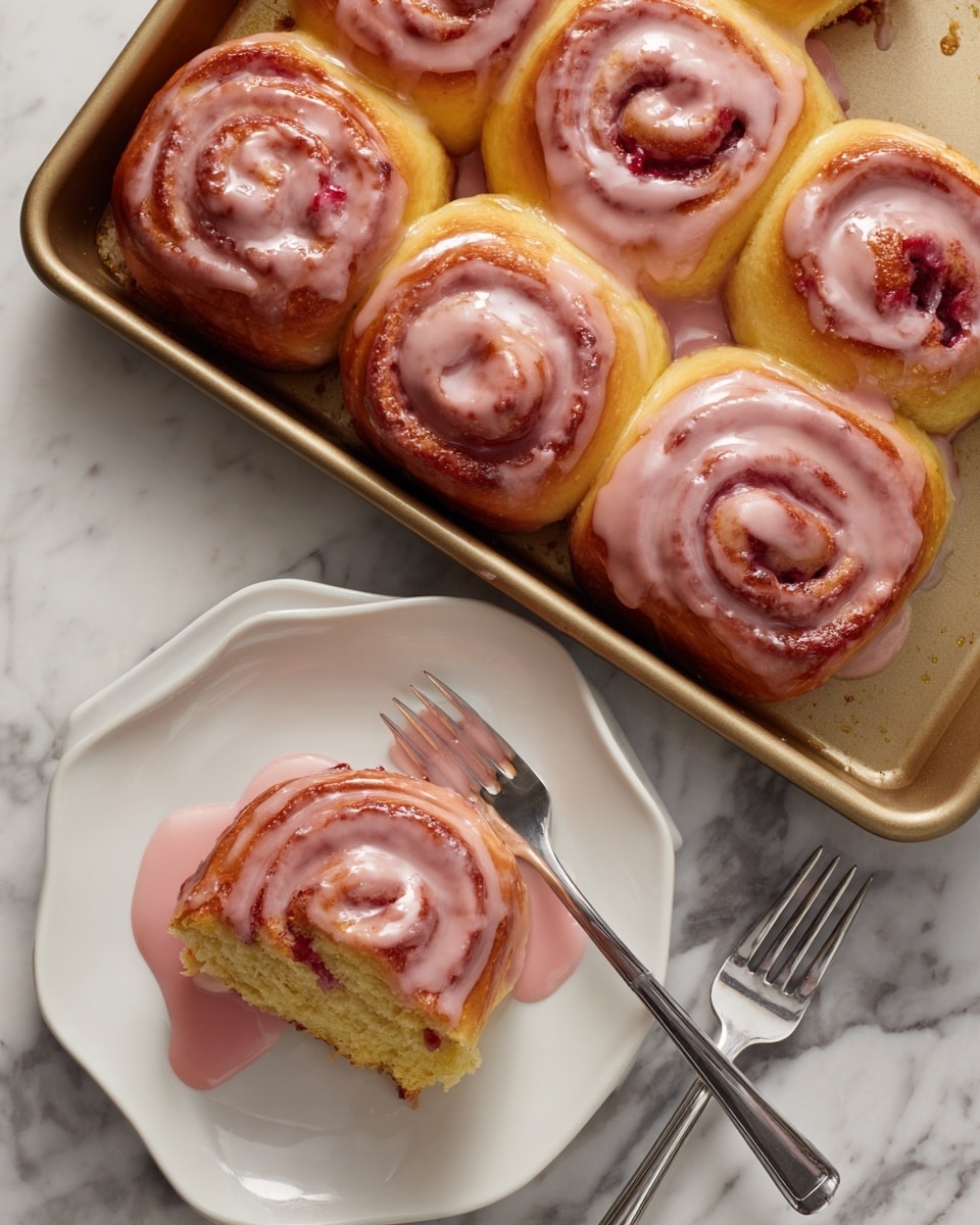 The image shows a baking tray with six pink-glazed rolls, each roll having a golden brown base with a bright red swirl inside, topped with a smooth, shiny pink icing. Below the tray, there is a white square plate holding four of these rolls, separated to display their soft, fluffy yellow interiors and the vivid red swirl, all covered in the same pink glaze that looks creamy and slightly sticky. A silver fork rests beside the plate on a surface with a white marbled texture. photo taken with an iphone --ar 4:5 --v 7