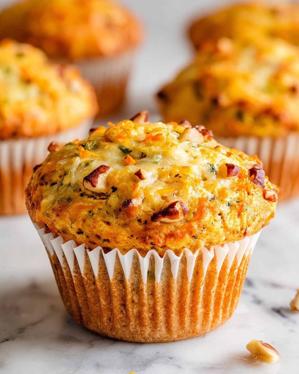 A close-up of a single muffin sits in a white paper cup on a white marbled surface, showing three visible layers: the bottom layer is a light golden brown muffin base, the middle layer is filled with small bits of green zucchini and orange carrot mixed into the dough, and the top layer has melted white cheese with golden brown spots and a few small chopped nuts scattered on top. In the background, there are two blurred muffins with similar texture and toppings, and some green leaves slightly out of focus. The light highlights the moist texture of the muffin and the melted cheese on top, photo taken with an iphone --ar 4:5 --v 7