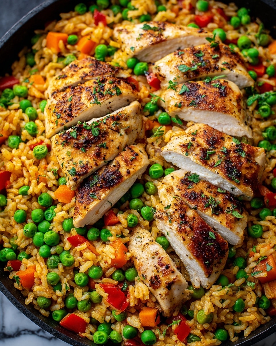 The image shows a black pan filled with cooked rice mixed with small, bright orange carrot pieces and green peas. On top of the rice are several small, golden-brown pieces of chicken that look soft and juicy, with a light sear and some seasoning visible. The colors are warm and inviting, with the white rice contrasting against the colorful vegetables and nicely browned chicken, all resting on a white marbled surface. Photo taken with an iphone --ar 4:5 --v 7