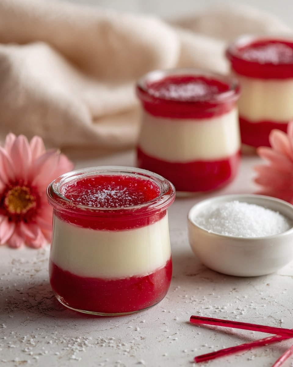 Three small transparent glass jars are shown on a white marbled surface, each containing a dessert with three layers: a bottom layer of smooth red fruit puree, a middle thick creamy white layer, and a top layer of glossy red fruit sauce with a slightly uneven texture. The closest jar is in focus, with two blurred jars behind it. To the left, there are some rhubarb stalks and a pale pink flower. On the right side, a small white bowl filled with granulated sugar is placed with some sugar spilled around it. A pale beige cloth is partly visible on the bottom left. photo taken with an iphone --ar 4:5 --v 7