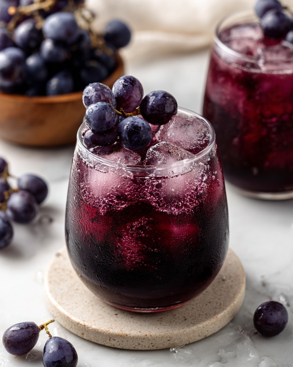 The image shows a clear round glass filled with a dark purple drink that has ice cubes inside, giving it a mix of deep red and purple colors. On top of the drink, a small bunch of purple grapes with a brown stem rests partially inside and outside the glass. Surrounding the glass, there is a white round stone plate with a few loose purple grapes placed on it. In the background, there is another glass with a similar drink and a wooden tray filled with dark purple grapes, all set on a white marbled surface. The glass and grapes look fresh with droplets of condensation visible. photo taken with an iphone --ar 4:5 --v 7
