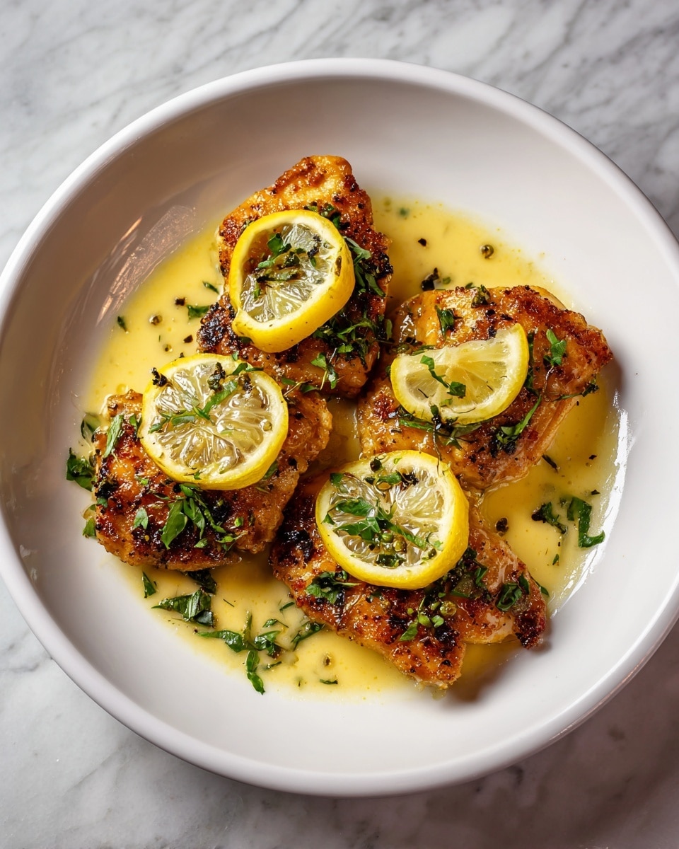 The dish shows four browned chicken pieces in a white plate, each piece cooked to a golden color with a slightly crispy texture, covered with small green herb leaves scattered on top. There is a light yellow sauce pooling around the chicken, giving a glossy shine to the dish. On top of the chicken, three thin yellow lemon slices are placed in the center, slightly overlapping each other. The plate sits on a white marbled surface. photo taken with an iphone --ar 4:5 --v 7