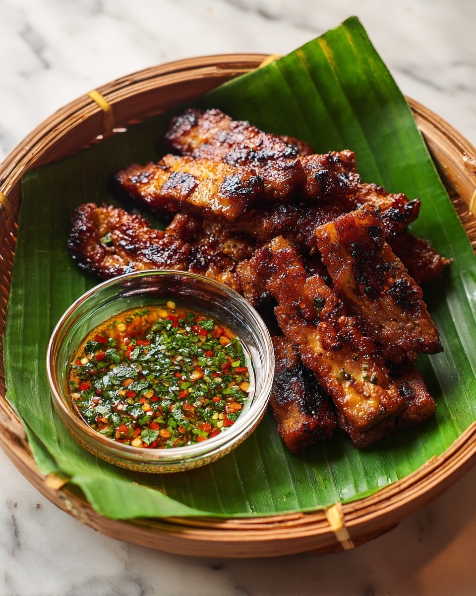 The image shows a round bamboo basket lined with a large green banana leaf, filled with many pieces of grilled meat that have a shiny, caramelized surface with dark charred edges and a mix of reddish-brown and golden tones. Next to the meat on the banana leaf inside the basket is a small clear glass bowl filled with a chunky sauce that looks yellowish-brown with green herb pieces and specks of red chili flakes on top. The texture of the sauce is thick and slightly oily. The basket is partially visible on a white marbled surface. photo taken with an iphone --ar 4:5 --v 7