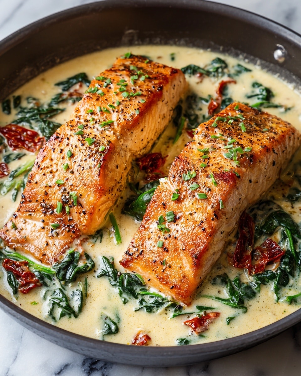 Two large, golden-brown salmon fillets lie side by side in a pan filled with creamy white sauce mixed with bright green spinach leaves and deep red sun-dried tomato pieces. The sauce has a thick, smooth texture, lightly speckled with black pepper and small green herbs scattered on top of the salmon. The fillets have a shiny, slightly crisp surface with visible flakes, and the spinach leaves are wilted but still hold their shape. The pan rests on a white marbled surface. Photo taken with an iphone --ar 4:5 --v 7