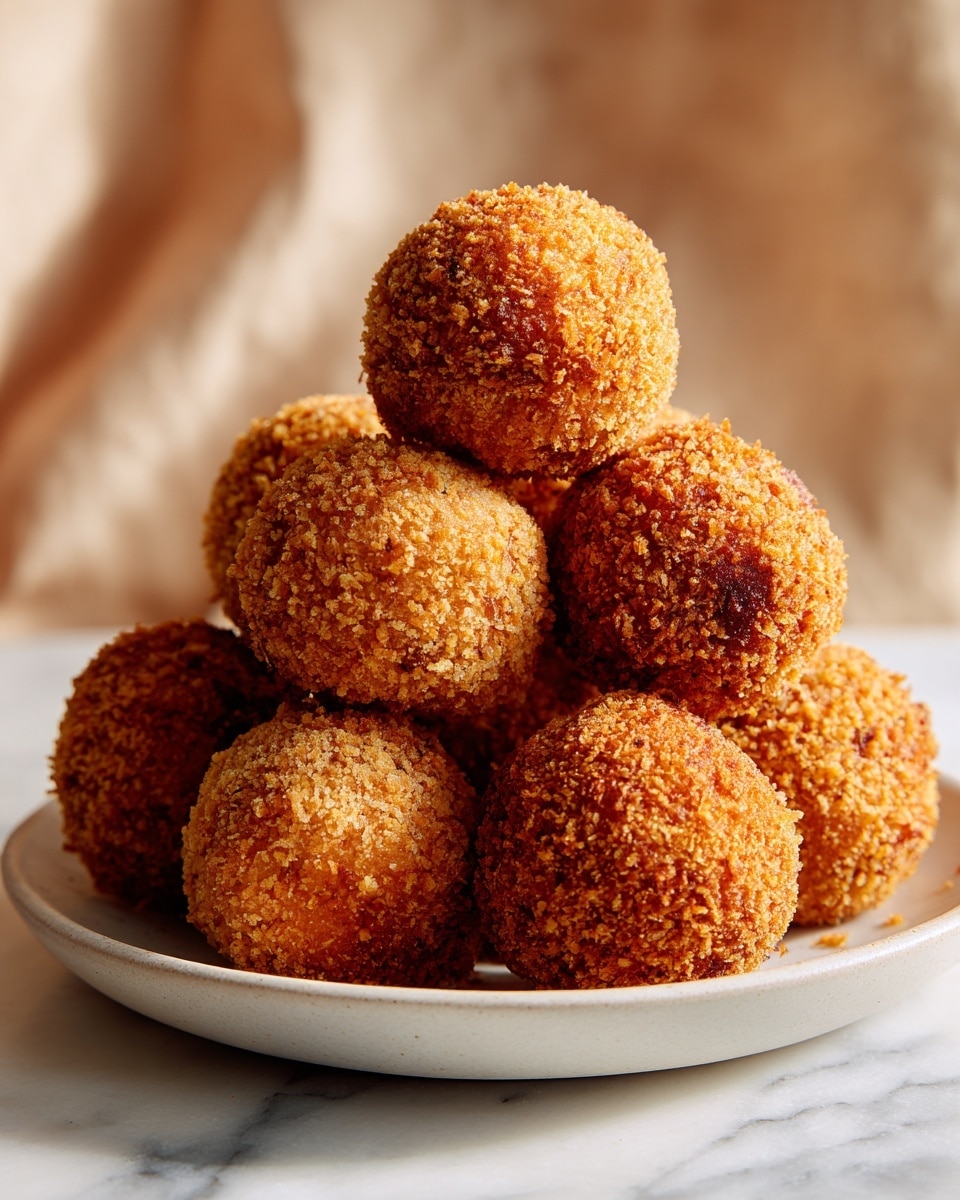 The image shows a white plate stacked with a pyramid of golden-brown fried balls. Each ball has a rough, crispy texture with small darker spots indicating crispiness and frying. The balls are tightly packed, creating a sense of abundance. The background features a soft, out-of-focus white marbled texture, making the warm tones of the fried balls stand out. photo taken with an iphone --ar 4:5 --v 7