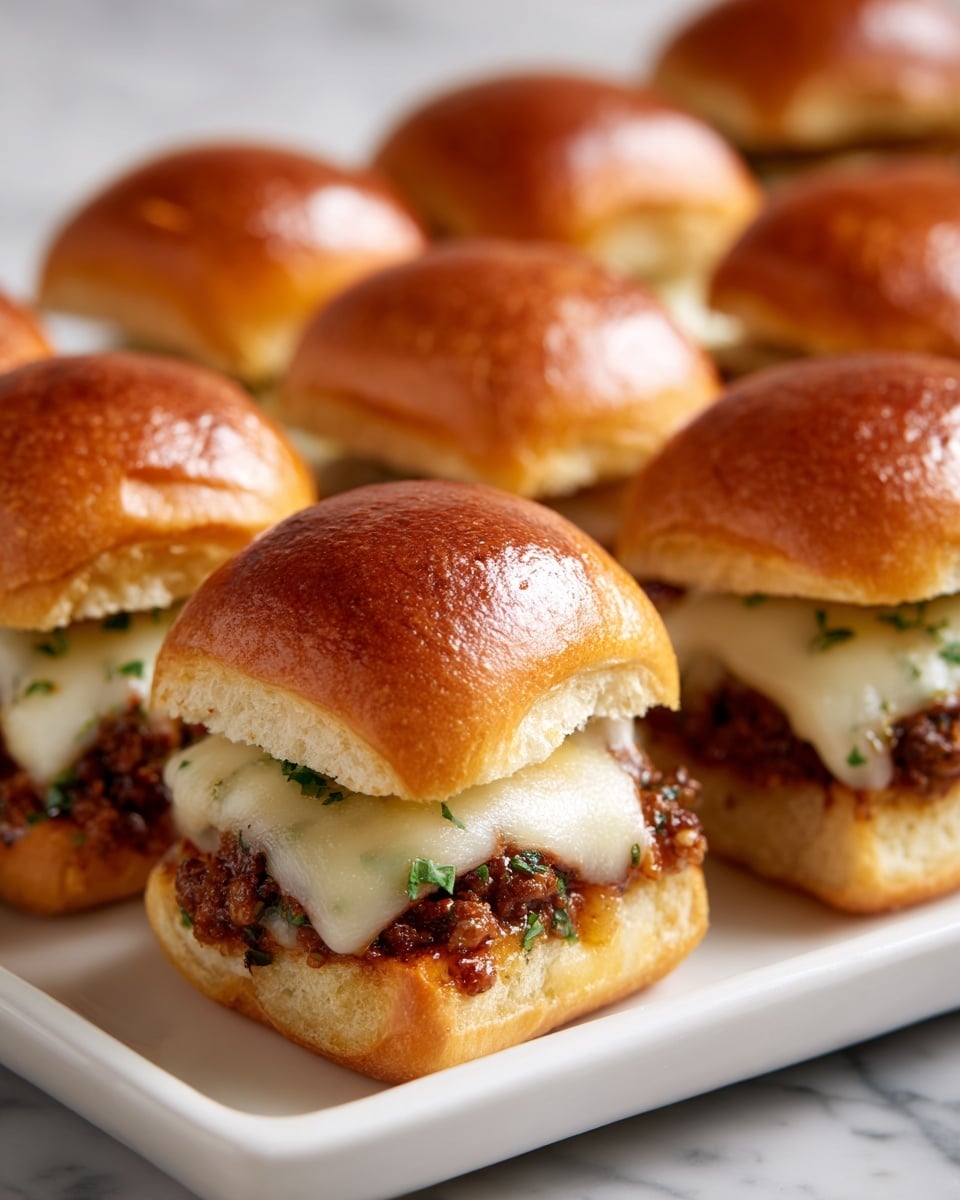 The image shows a close-up of soft, golden-brown slider buns with a shiny top layer. Inside each bun, there are two layers: one filled with a rich, dark brown meat mixture with a slightly crumbly texture, and on top of that, a creamy, melted white cheese layer with some green herbs scattered throughout. The sliders are placed closely together on a white plate, all on a white marbled surface. Photo taken with an iphone --ar 4:5 --v 7