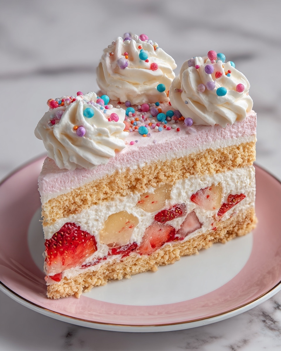A close-up of a single slice of layered dessert on a white plate with a pink rim, placed on a white marbled surface. The dessert has three main layers: a crumbly beige biscuit crust at the bottom, a thick creamy white layer mixed with pieces of red and orange fruit in the middle, and a smooth light pink layer on top. The top is decorated with three swirls of white whipped cream, each sprinkled with small, colorful round sprinkles in pink, blue, red, and white. The lighting makes the textures clear and inviting. photo taken with an iphone --ar 4:5 --v 7