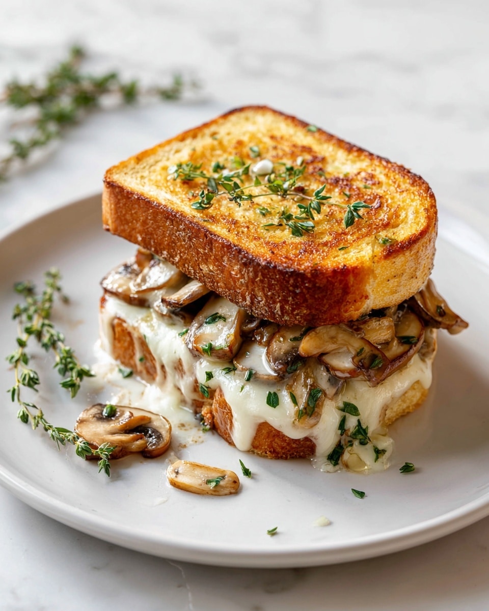 A toasted sandwich cut into a triangle sits on a white plate on a white marbled surface, showing three visible layers. The top layer is a golden-brown toasted bread with small green herb pieces sprinkled on it. Below is a thick layer of melted light yellow cheese dripping over the edges, covering a mix of sautéed brown mushrooms with a glossy texture. The bottom layer is another slice of toasted bread that looks slightly crispy around the edges. Small green herbs are also scattered around the sandwich on the plate. Photo taken with an iphone --ar 4:5 --v 7