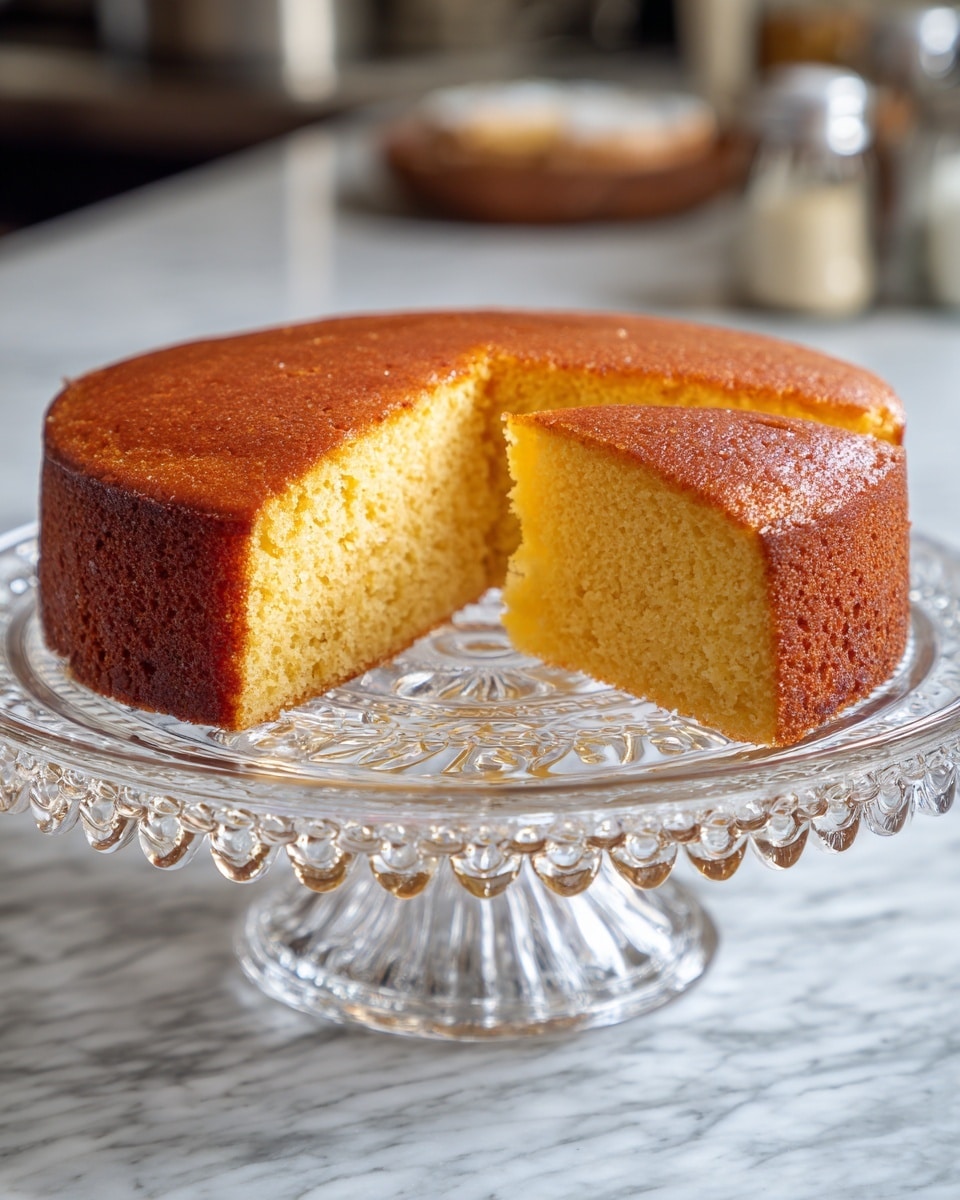 A single-layer round cake with a golden-brown top and sides that have a slightly crisp texture, sitting on a clear glass cake stand with ornamental designs. The cake's interior is light yellow, moist, and spongy with small evenly distributed air pockets. A large slice is cut from the cake, showing the soft inside texture clearly against the firm crust. The background features a blurred white marbled surface with kitchen elements softly out of focus. Photo taken with an iphone --ar 4:5 --v 7