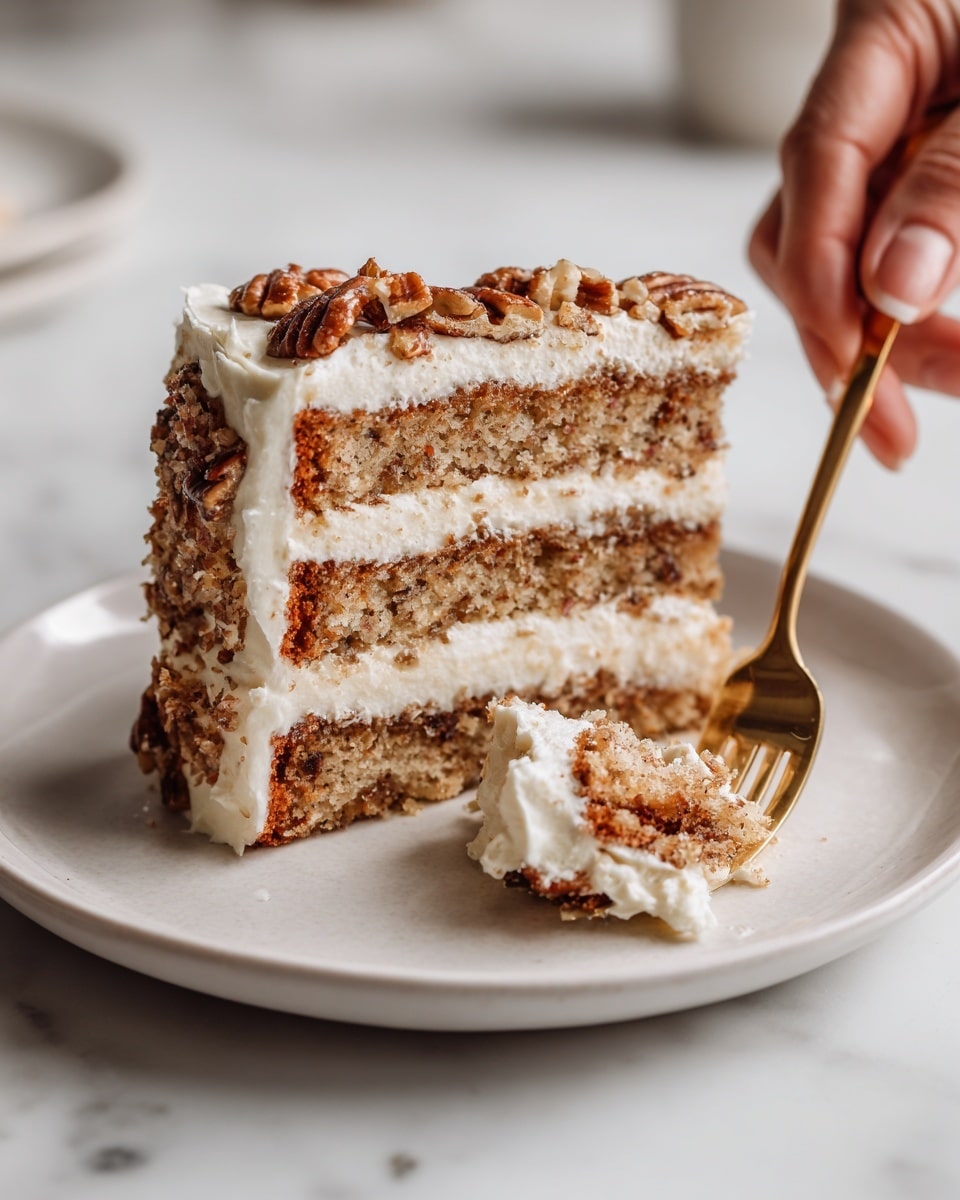 A white plate on a white marbled surface holds three slices of layered cake, each slice showing a light brown, crumbly texture with visible pieces of nuts or raisins. Between each layer, there is a smooth, creamy white frosting that looks soft and thick. The top layer of frosting is more spread out and slightly glossy. To the side of the cake slices, a golden fork with cake crumbs on it lies diagonal on the plate. The lighting is bright and natural, giving the cake a fresh and inviting look. Photo taken with an iphone --ar 4:5 --v 7