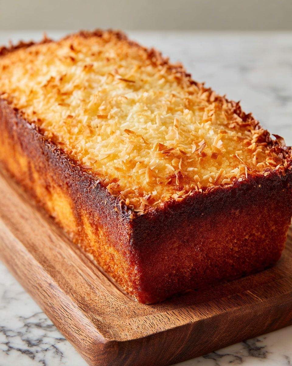 A rectangular loaf cake with a dark brown base, topped with a golden layer of toasted coconut flakes that add a crunchy texture. The cake sits on a wooden board against a white marbled surface. The toasted topping is unevenly browned, giving a homemade, rustic look. photo taken with an iphone --ar 4:5 --v 7